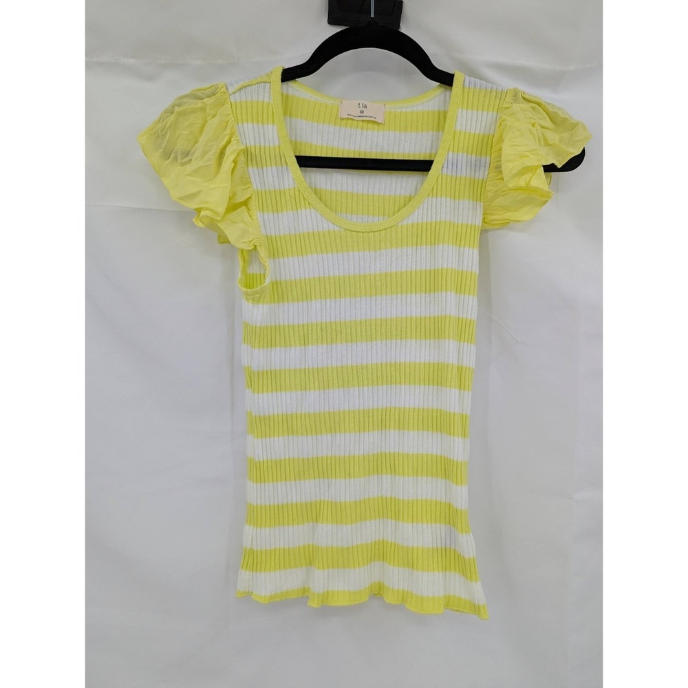 t.la Women's Top XS Yellow White Striped Ribbed Ruffle Sleeve Scoop Neck